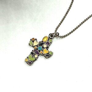 Multicolor Cross Pendant Necklace With Beaded Silver tone Chain